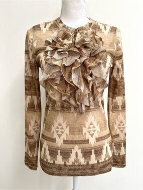 Vintage Lauren Jeans Co. Sheer Mesh Aztec Print Ruffle Long Sleeve Top Medium